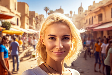 Fototapeta na wymiar a young woman with short blond hair, sunny weather, fictional place, Generative AI