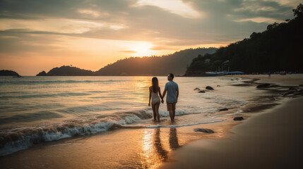 Fototapeta na wymiar couple amoureux se tenant la main sur la plage au soleil couchant, ambiance romantique et paisible