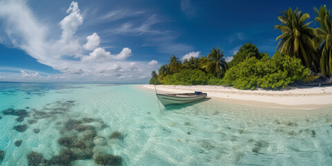 Fototapeta premium Plage de sable blanc avec mer turquoise et transparente, vue de la mer par une belle journée d'été