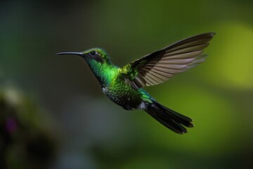 Fototapeta premium Phaethornis man, Costa Rica, clear, light green background. wildlife scene in the wild. Bird flying across a jungle. Long beaked hummingbird. jungle animal from the tropics. Generative AI