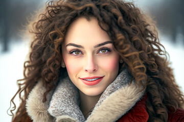 Young adult woman wearing hooded winter jacket in winter, smiling happily, Generative AI