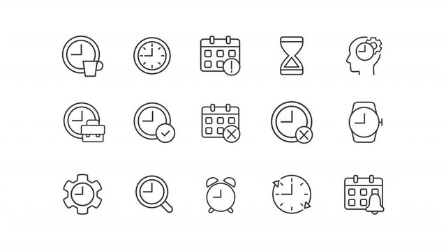 Animated time and clock linear icons. Wait-animations for website. Schedule and timing. Seamless loop HD video with alpha channel on transparent background. Outline motion graphic animation