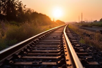 Obraz na płótnie Canvas Railroad track during sunset. AI Generated