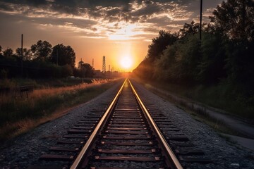 Fototapeta na wymiar Railroad track during sunset. AI Generated