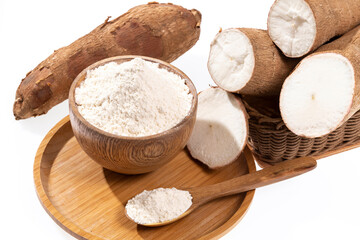 Fototapeta na wymiar Raw Cassava Tuber And Starch - Manihot Esculenta; On White Background