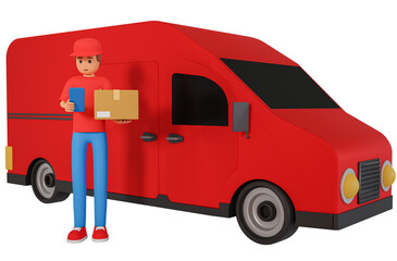 Courier in cap stand near cargo van hold parcel and checking cell phone 3d illustration. Courier delivery concept with man standing in front of courier van and hold box and smartphone