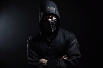Ninja Japanese warrior in black. AI Generated