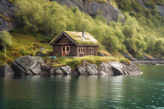 Escape to Serenity: A Rustic Cabin Retreat in Norway's Fjords, ai generative