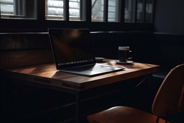 A laptop and a freelancer's workplace in a cafe. AI Generated