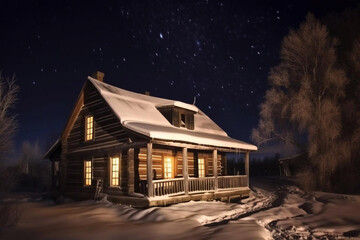 Wooden house at night winter landscape. AI Generated