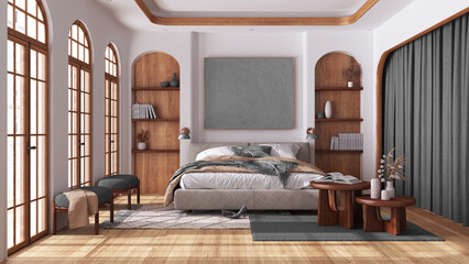 Modern wooden bedroom with parquet and arched windows. Master bed, carpets, tables and armchairs in white and gray tones. Boho style interior design