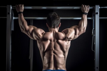 Fototapeta na wymiar muscular athlete pulls up on the horizontal bar. AI Generated