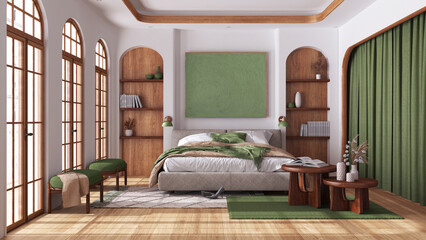 Modern wooden bedroom with parquet and arched windows. Master bed, carpets, tables and armchairs in white and green tones. Boho style interior design