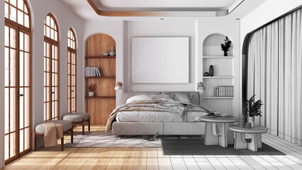 Architect interior designer concept: hand-drawn draft unfinished project that becomes real, modern wooden bedroom. Master bed, carpets, tables and armchairs. Boho style