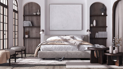 Contemporary dark wooden bedroom with parquet and arched windows. Double bed, carpets and armchairs in white and beige tones. Japandi interior design