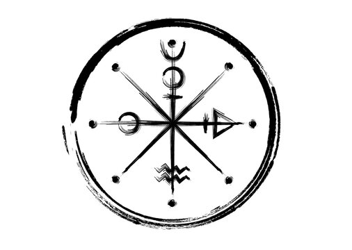 The Wheel of Fotune tarot symbol, worldwide ancient sign, the cycle of life, hand drawing brush stroke style magical witch black tattoo icon of sacred geometry isolated on white background 