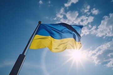 The flag of Ukraine on the background of the blue sky. AI Generated