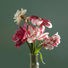 Bouquet of red and white tulips isolated on a green background.