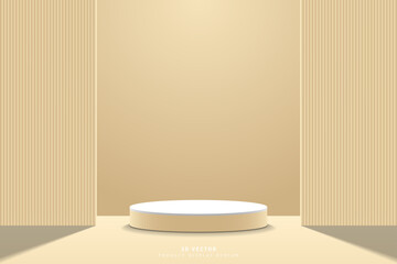 Naklejka na ściany i meble Abstract brown white 3d cylinder podium or product display stand with vertical wall geometric shape backdrop. 3d vector rendering in studio room. design stage for promoting product, mockup or template