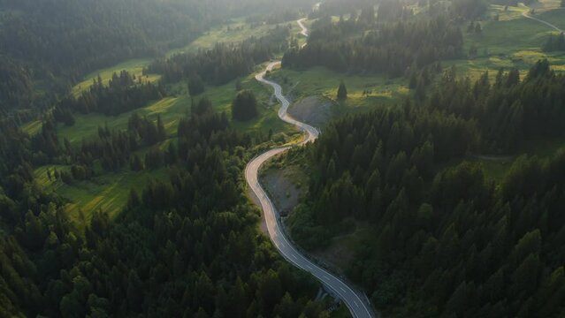 Aerial view following the winding Riedbergpass road in Allgau, Bavaria, Germany