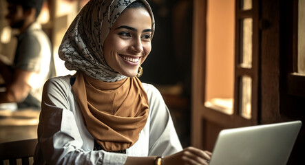 young adult woman at computer laptop with a smile, fictional location, arab looking wearing headscarf hijab, Generative AI - obrazy, fototapety, plakaty