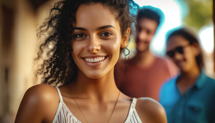 young woman or teenager wearing summer shirt, smiling happy with friends on background, sunny day, fictional location, Generative AI