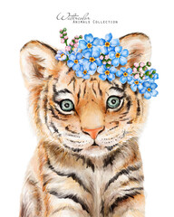 Baby Tiger in floral wreath. Watercolor tiger cub. Floral crown. African animals illustration - 584683104