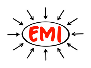 EMI Equated Monthly Installment - fixed payment amount made by a borrower to a lender at a specified date each calendar month, acronym text with arrows - obrazy, fototapety, plakaty