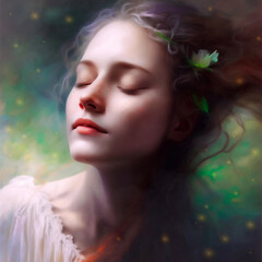 Beautiful dreamy fantasy sleeping girl on glowing background created with Generative AI technology