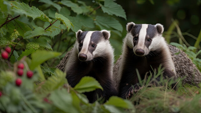 badgers in the raspberry bush. Generative AI image.