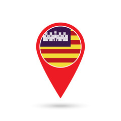 Obraz premium Map pointer with Balearic Islands flag, autonomous community of Spain. Vector illustration.
