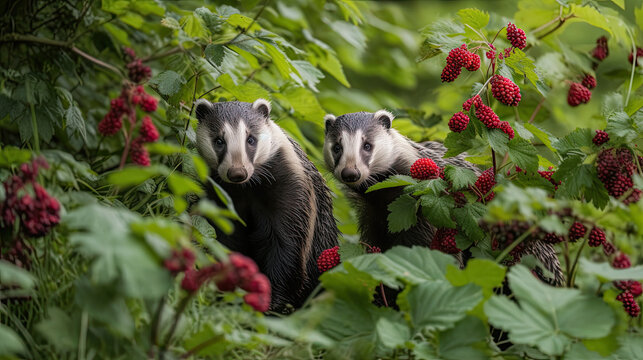 badgers in the raspberry bush. Generative AI image.