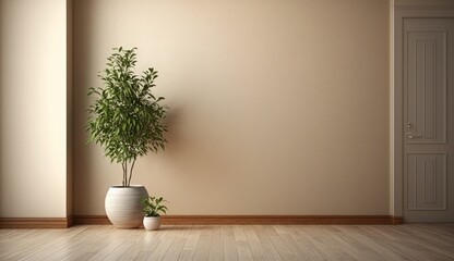 Empty interior background, room with blue wall, vase with branch and window 3d rendering. AI generative.