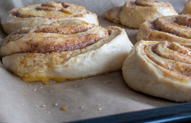 uncooked cinnamon buns decorated with granulated sugar