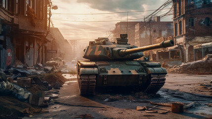 Fototapeta na wymiar Heavy military tank in the ruins of the city. Generative Ai