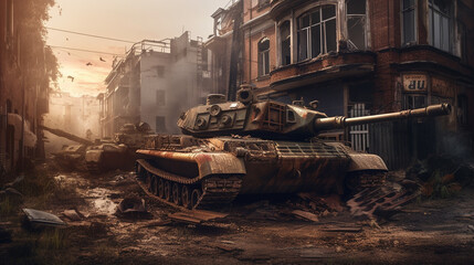 Fototapeta premium Heavy military tank in the ruins of the city. Generative Ai