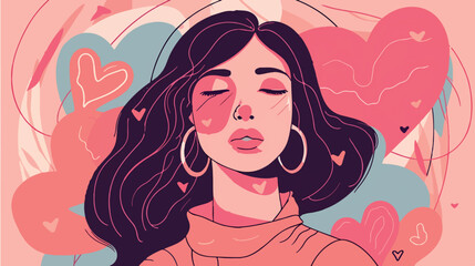 Self-loving woman. Concept of acceptance and confidence. Beautiful, strong attractive lady. Vector art of feminism and self-care. Mental health support. Love and positivity. Healthy mind and body. 