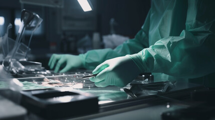 Fototapeta na wymiar Surgeon hand medical gloves working in operating room. Generative Ai