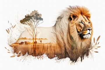 Lion in savanna pride collage double exposure photo montage illustaration. Generative AI.