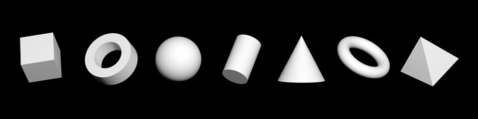 Set of 3d shapes. 3d render white geometric shapes isolated on grey background. Realistic primitives. Geometry elements. Collection: cube, tube, ball, cylinder pyramid, cone and bagel. White elements.