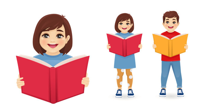 Happy cute kids boy and girl reading holding open books isolated vector illustration