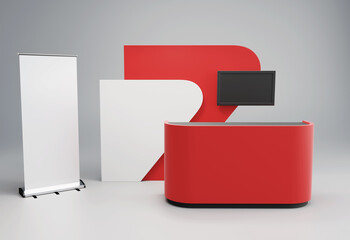 Advertising Booth 3d Mockup, Retail Trade Stand With Red Counter, Advertising POS POI Promotion counter, 3D rendering	