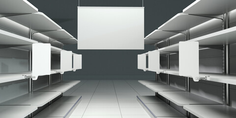 Blank shelf-stoppers in supermarket, Empty shelves with white hanger, 3D render