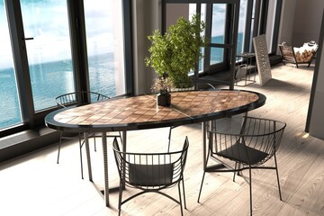 luxury posh apartments with panoramic windows and great sea view. decorative stone wall and modern furniture. brutal loft design style.