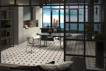 luxury posh apartments with panoramic windows and great sea view. decorative stone wall and modern furniture. brutal loft design style.