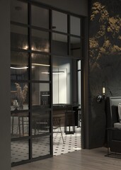 luxury posh apartments with panoramic windows and great sea view. decorative stone wall and modern furniture. brutal loft design style.