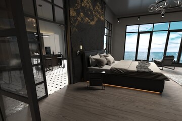 luxury posh apartments with panoramic windows and great sea view. decorative stone wall and modern furniture. brutal loft design style.