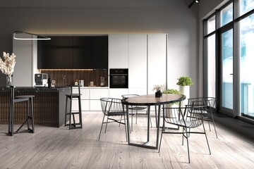 luxury posh apartments with panoramic windows and great sea view. decorative stone wall and modern furniture. brutal loft design style.