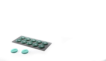 Pile of plates of pills on a white background, Medical background with pills. 3d render. Medicine banner. Template for recipe. Place for text.
