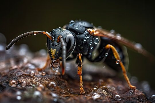A black paper wasp with some dew drops on it is captured in macro while walking on a native tree in a forest not far from the historic colonial town of Villa de Leyva in central Colombia. Generative